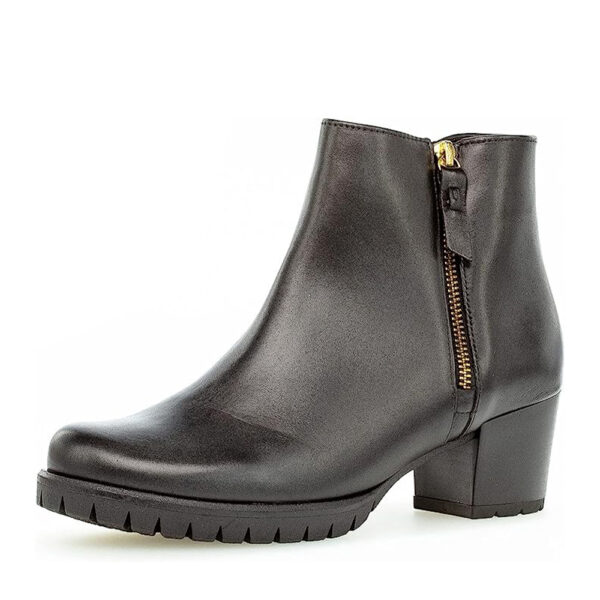 Gabor 96.653 1677 Black Block Heel Ankle Boot with Gold Zip Detail | ChicShoetique