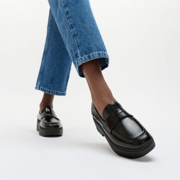 Fitflop F-Luma 659 Box-Leather Demi-Wedge Penny Loafers Black | ChicShoetique
