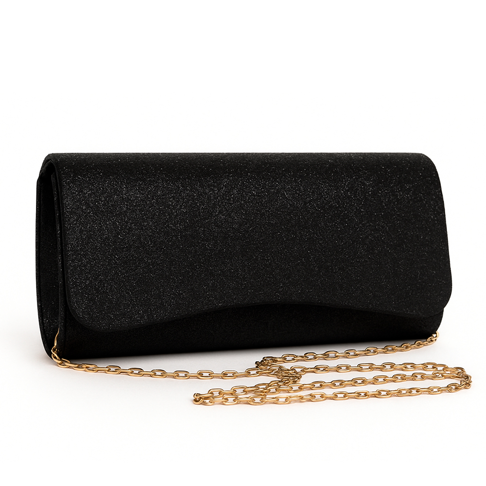 Clutch Bag 9 Black Shimmer with Gold Chain | ChicShoetique
