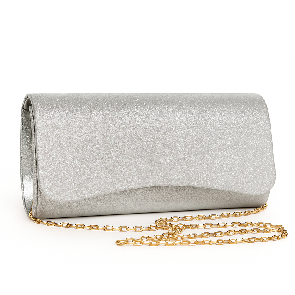 Clutch Bag 9 Silver Shimmer with Gold Chain | ChicShoetique