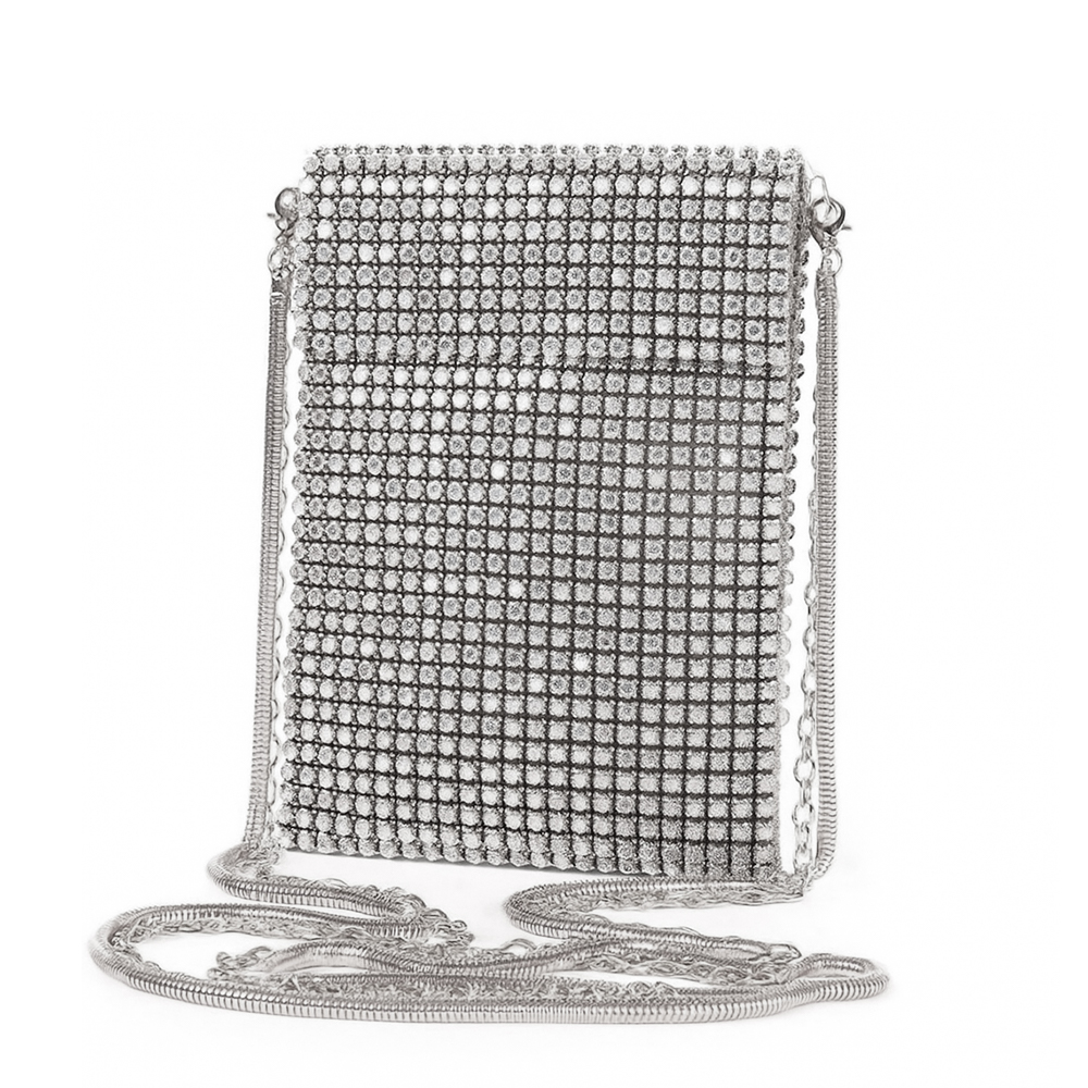 Clutch Bag 12 Silver Rhinestone with Double Detail Strap | ChicShoetique