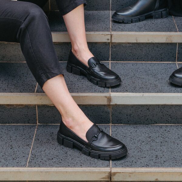 Froggie 12772 3858 Black Chunky sole loafer with black horsebit trim in black | ChicShoetique