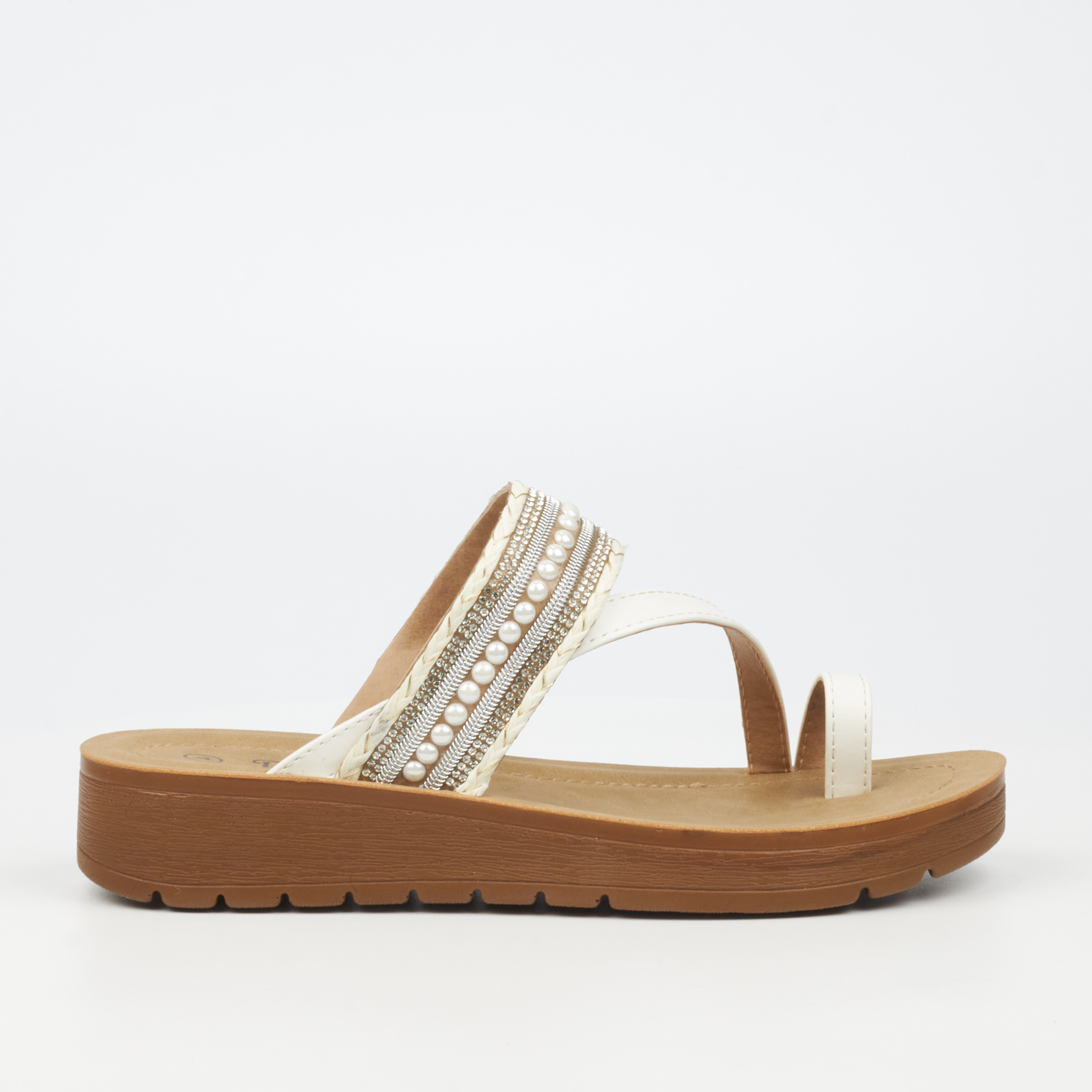Butterfly Feet Xara 5 4005 White Faux Leather Embellilshed Flat Sandals | ChicShoetique