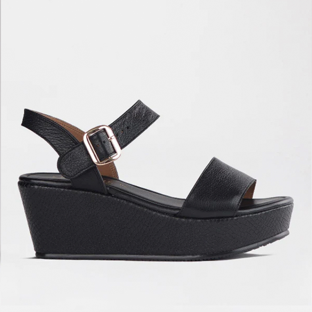 Froggie 12887 1854 Black Platform Wedge Sandal with Ankle | ChicShoetique