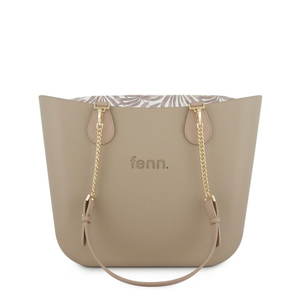 Fenn Hand Bag 507 Original Collection - Stone - Pattern Inner - Gold Zip - Light Stone/ Gold Chain Handle | ChicShoetique