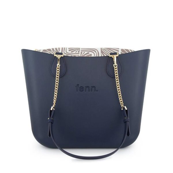 Fenn Hand Bag 508 Original Collection - Navy - Pattern Inner - Gold Zip - Navy/ Gold Chain Handle | ChicShoetique