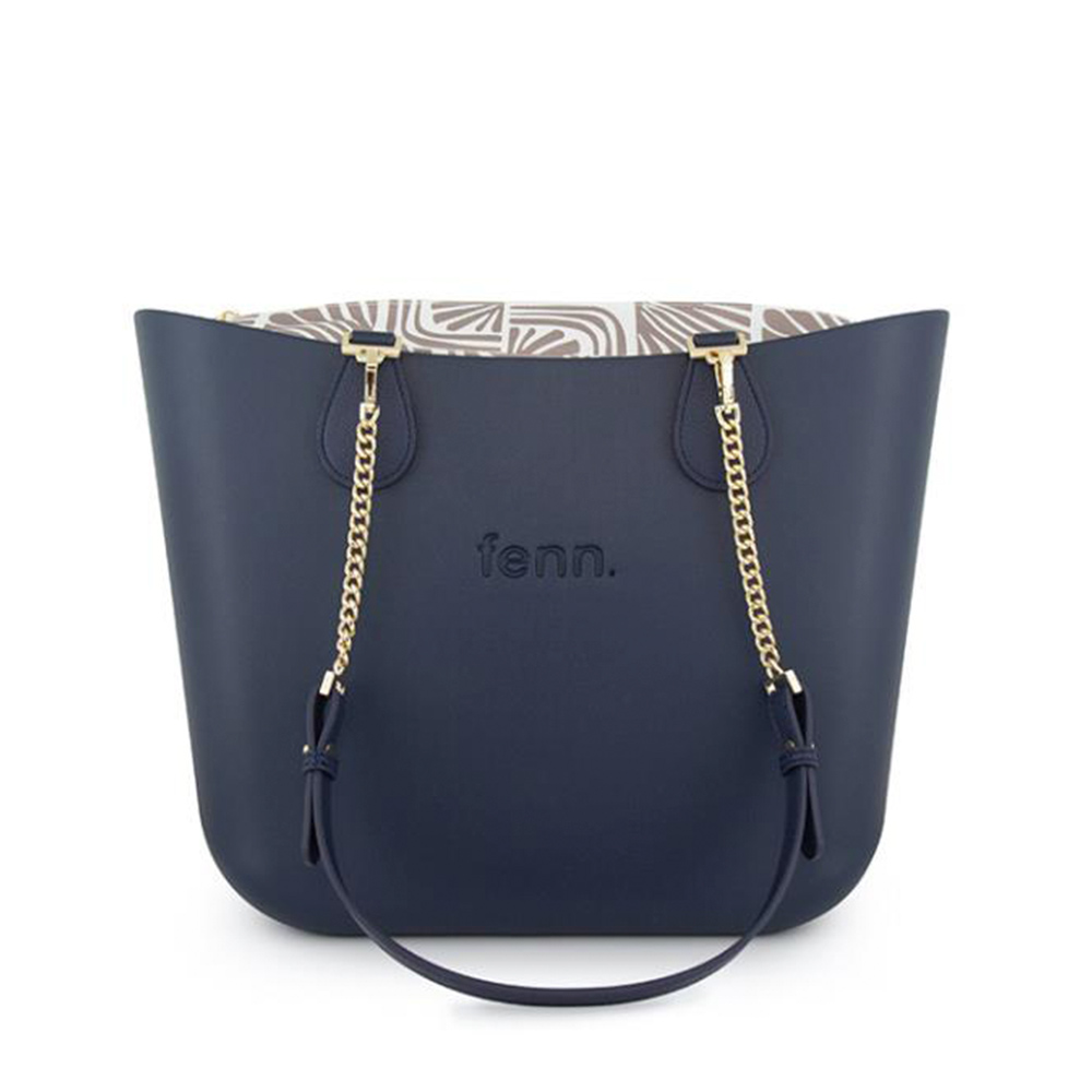 Fenn Hand Bag 508 Original Collection - Navy - Pattern Inner - Gold Zip - Navy/ Gold Chain Handle | ChicShoetique