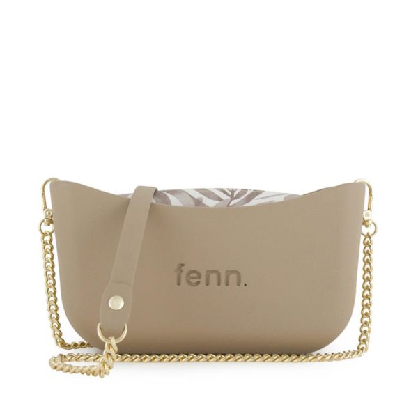 Fenn Hand Bag 523 Classic Collection - Stone - Pattern Inner - Gold Zip - Stone/ Gold Chain Handle | ChicShoetique