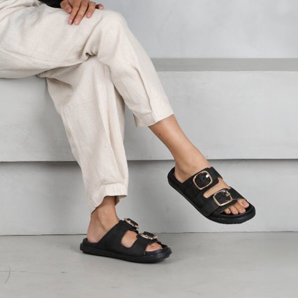 Froggie 12681 4085 Black Double Buckle Slide Birk Mules | ChicShoetique