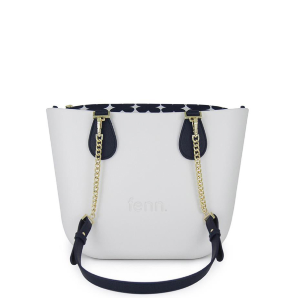 Fenn Hand Bag 515 Petite - White - Pattern Inner - Gold Zip - Navy/ Gold Chain Handle | ChicShoetique