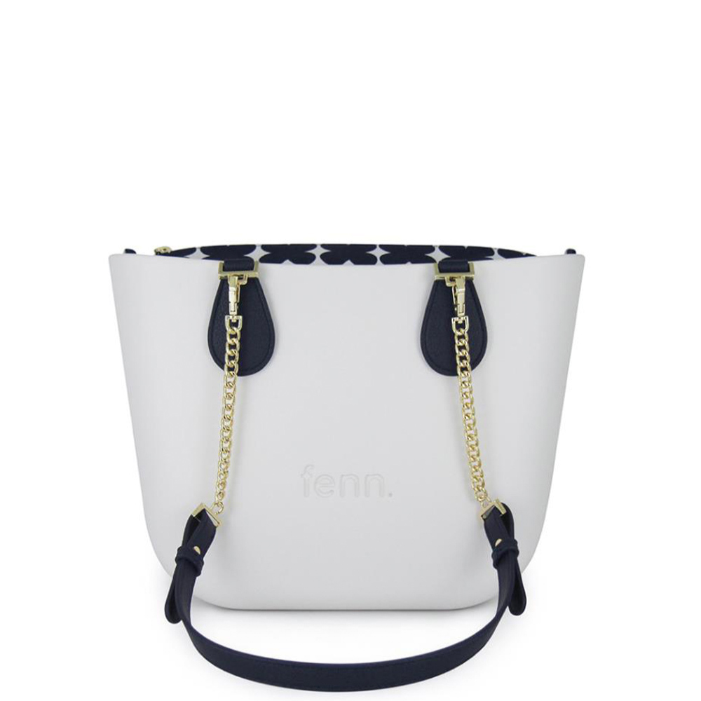 Fenn Hand Bag 515 Petite - White - Pattern Inner - Gold Zip - Navy/ Gold Chain Handle | ChicShoetique