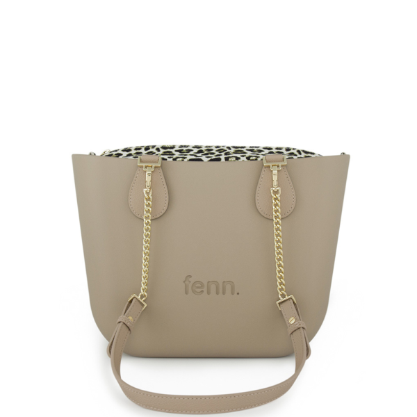 Fenn Hand Bag 533 Stone petite pattern Inner – Gold Zip – Light Stone/ Gold Chain Handle | ChicShoetique