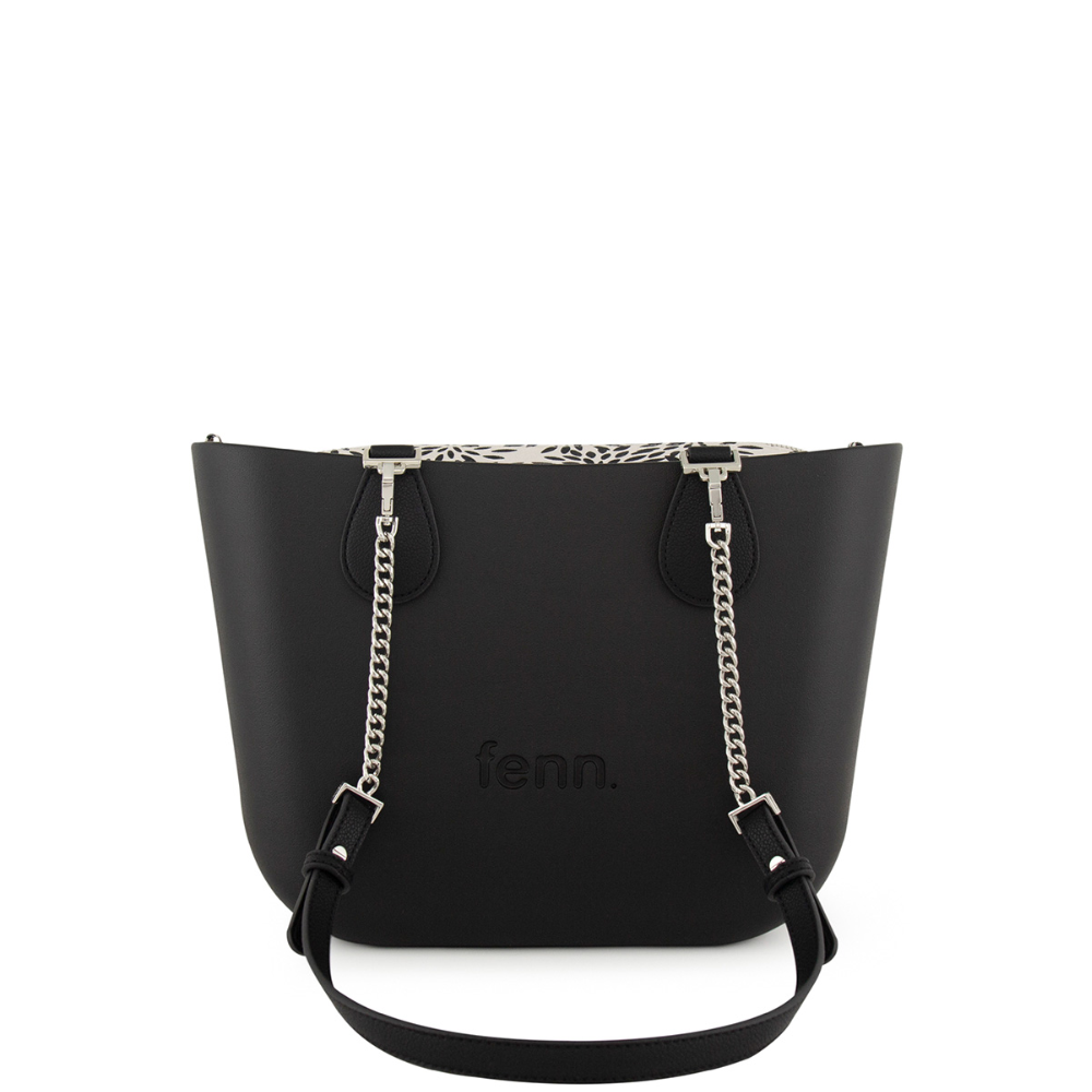 Fenn Hand Bag 543 Black Petite Tote – Pattern Inner – Silver Zip – Black/Silver Chain | ChicShoetique