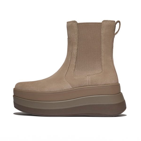 Fitflop F-Mode Stack Chelsea Suede 12 Taupe flatform ankle boots | ChicShoetique